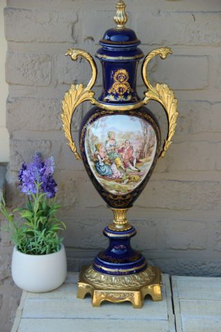 French Limoges Porcelain Victoriam Romantic Scene Cobalt Blue Vase