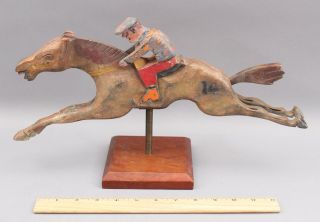 Antique 1930s Folk Art Carved & Painted Wood,  Carnival Game Racehorse & Jockey