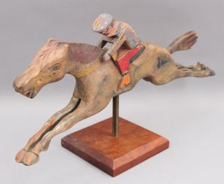 Antique 1930s Folk Art Carved & Painted Wood,  Carnival Game Racehorse & Jockey 2