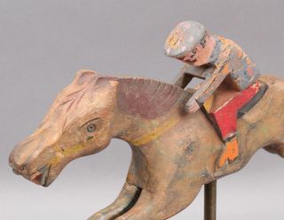 Antique 1930s Folk Art Carved & Painted Wood,  Carnival Game Racehorse & Jockey 3