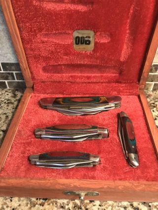 Vintage Set Of 4 Pocket Knives By 006 In Decorative Wooden Box