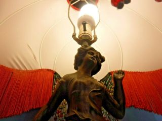Vtg ANTIQUE ART DECO NOUVEAU FIGURAL LADY FEMALE BRONZED METAL BEADED SHADE LAMP 2