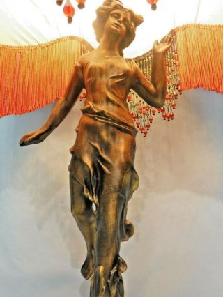 Vtg ANTIQUE ART DECO NOUVEAU FIGURAL LADY FEMALE BRONZED METAL BEADED SHADE LAMP 3