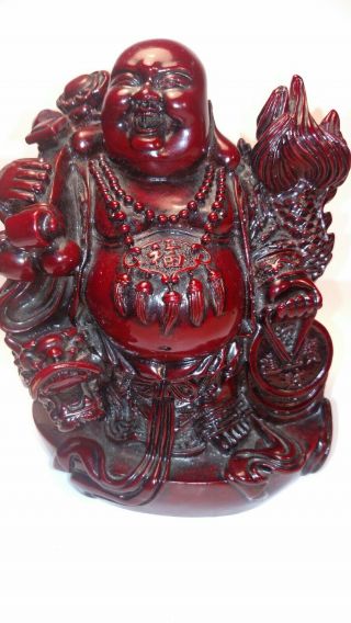 Vintage Laughing Good Luck Traveling Buddha With Dragon Statue.  Red Cinnabar