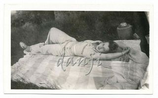 Voyeur Vu Of Pretty Girl Lying Outside On A Blanket W Arms Up Old Photo,  Negative