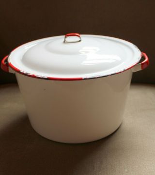 Vintage Enamelware White With Red Handles Stock Pot With Lid