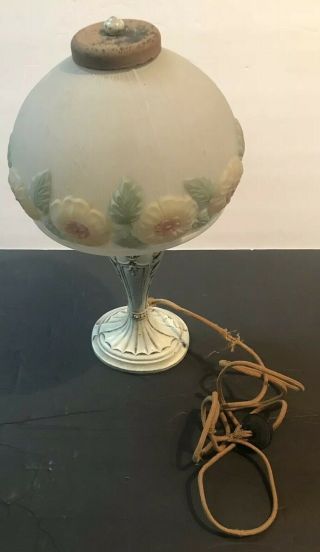 Antique Art Deco Boudoir Lamp Floral Reverse Painted Glass Shade