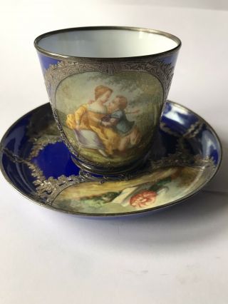 Antique Sevres Silver Overlay Porcelain Cup Saucer Cobalt Blue Loving Couple