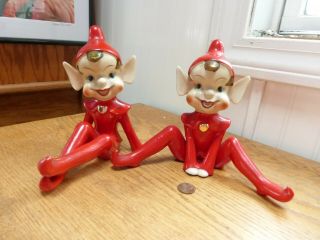 2 Vintage Ceramic Red Christmas Elf Pixie 6 " Tall Sitting Made In Japan