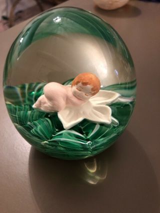 Vintage Joe St.  Clair Art Glass Sulfide Baby In Flower Rare Paperweight