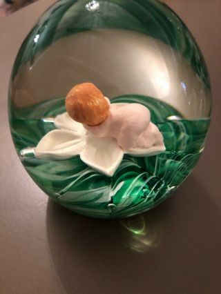 Vintage Joe St.  Clair Art Glass Sulfide Baby In Flower Rare Paperweight 3