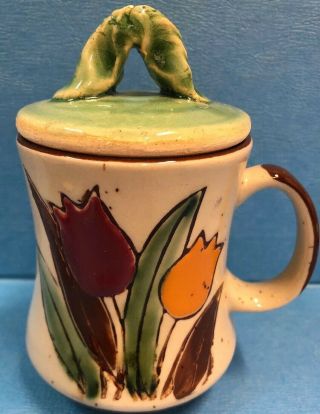 Otagiri Tulips Mug Hand Crafted In Japan Embossed Stoneware Coffee Cup With Lid
