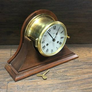 Vintage Schatz Brass Ships Bell Clock W Wood Mantle Holder & Key / 8 Day
