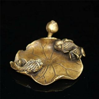 Old Chinese Pure Copper Hand - Made Lotus Leaf Fish Stick Incense Holder Rn