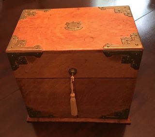 Antique English Victorian Oak Traveling Tantalus Liquor Box With Decanters
