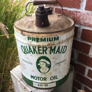 Vintage Quaker Maid Oil Can 5 Gallon Premium Motor Oil Empty Complete Rare