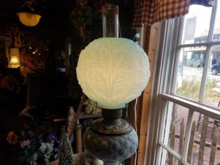 Stunning Lt.  Blue Victorian Quilted Satin Glass Hand Paint Oil Lamp Electrified