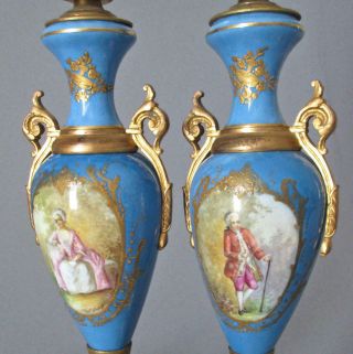 Pr Antique Hp French Sevres Porcelain Blue Urn Lamps Doré Bronze Lady & Gent