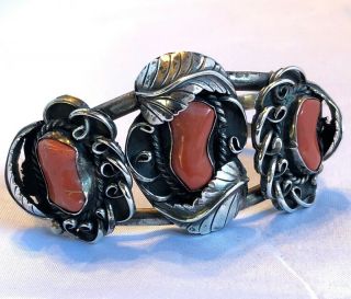 Red Coral Sterling Silver Navajo Cuff Bracelet,  49g Stamped “ejj” Vintage 1970’s