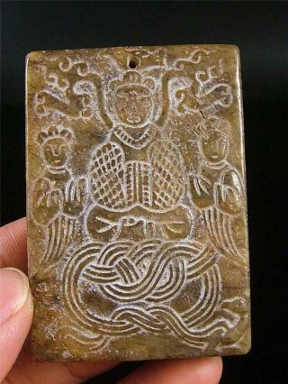 Antique Old Chinese Celadon Nephrite Jade Carved Pendant Netsuke Kwanyin & Boys