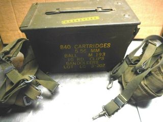 Vintage Metal Ammunition Ammo Box Can Military 5.  56 Mm,  2 Sholder Straps