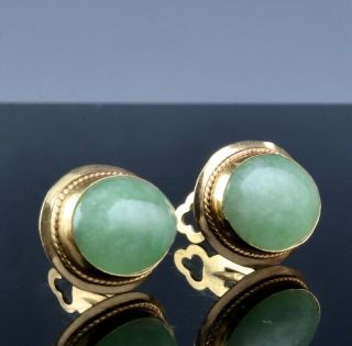 Fine Vintage Chinese 14k Yellow Gold Apple Green Jade Jadeite Cabochon Earrings