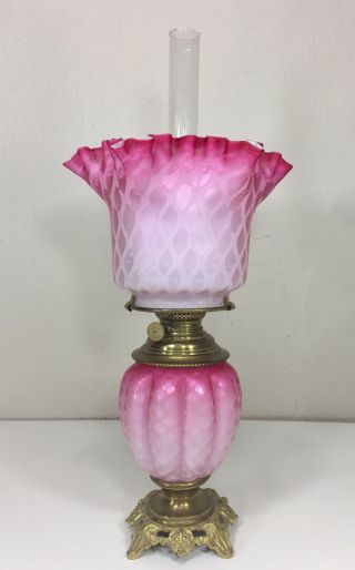 Rare Antique Mother Of Pearl Diamond Quilted Satin Glass Oil Lamp