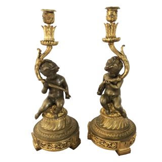 Pair French Louis Xvi Style Bronze Cherub Candlesticks