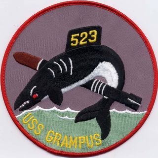 Uss Grampus Ss 523 - Fish Leaping Over Torpedo Bc Patch Cat No B497
