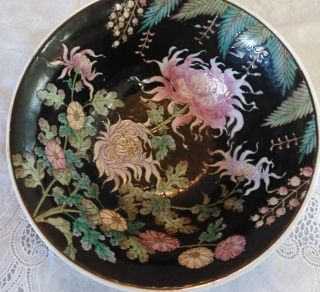 Vintage Chinese Porcelain Bowl Hand Painted In Macau Black Enameled With Flowers
