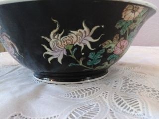 Vintage Chinese Porcelain Bowl Hand Painted in Macau Black Enameled with flowers 2