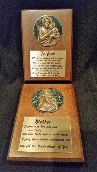 S/2 Vintage Wooden Wall Plaques To Dad & Mother Jesus Mary Joseph 6 " L X 4 1/4 " W