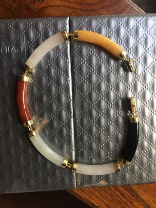 Vintage 14k Gold Multi Color Jade Curved Tubular Link Bracelet 7 "
