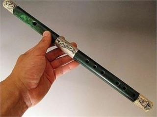 Old Chinese Handwork Tibet - Silver Carved Dragon Phoenix Antique Jade Flute