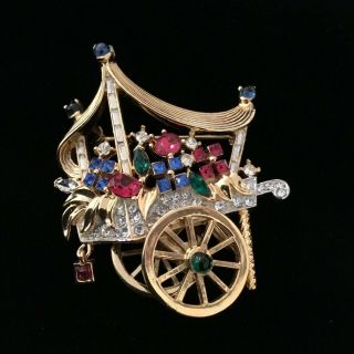 Vintage Crown Trifari Alfred Philippe Jeweled Rhinestone Flower Cart Brooch Pin