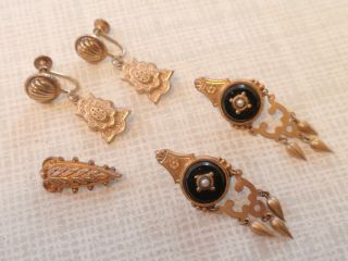Vintage Victorian Black Onyx & Plain Gold Filled French Wire Earrings W/pin Nr