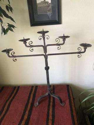 Jan Barboglio Forged Iron Candelabra W/5 Candle Holders Metal Cross & Card