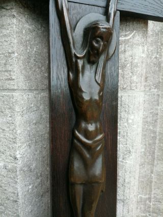 Big Antique Vintage Art Deco Modernistic Wood Crucifix Bronze Jesus Corpus Wall