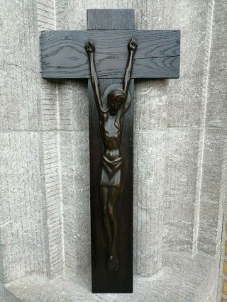 BIG Antique Vintage Art Deco Modernistic Wood Crucifix Bronze Jesus Corpus Wall 2