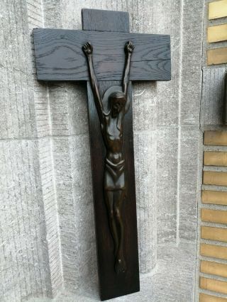 BIG Antique Vintage Art Deco Modernistic Wood Crucifix Bronze Jesus Corpus Wall 3