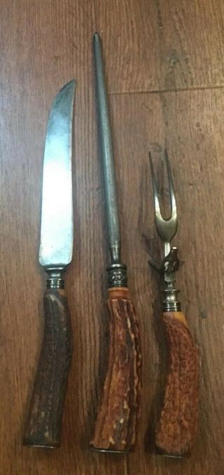 Vtg Stag Horn Antler Sterling Band Base Carving Fork With Stand,  Knife,  Sharpen
