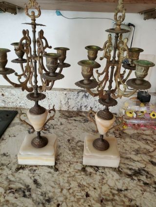 Antique Pair French Candelabras Bronze Ormolu White Marble Floral Candle Holders