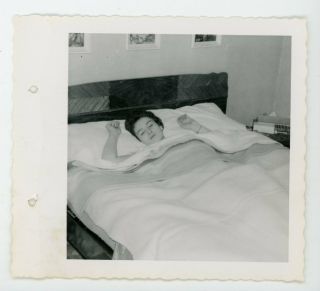 Sleeping Woman Laying On Bed In Bedroom - Vintage Snapshot Black & White Photo