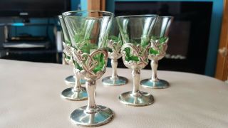 Set Of 6 Vintage Green Tinted Liqueur Glasses On Silver Tone Bases Gothic