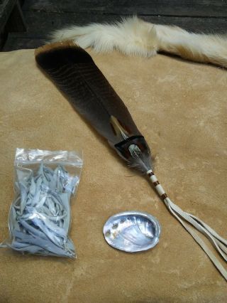 COMPLETE SMUDGE KIT RED ABALONE SHELL SAGE FEATHER ENERGY CLEANSING CLEARING 3