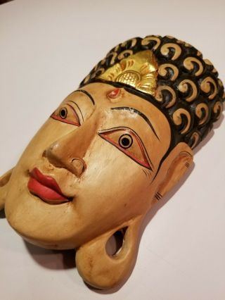 Vintage MASK BUDDHA WOOD FIGURE HEAD HAND CARVED WALL HANG BALI ART SCULPTURE 2