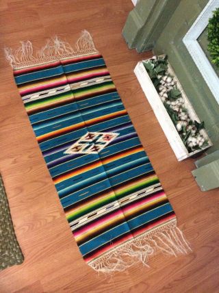 Small Colorful Mexican Sarape Saltillo Wool Rug Runner Mat W Fringe 19 X 39