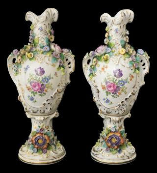 Two Antique German Hand Painted Hand Crafted 15 " Tall Porcelain Vases