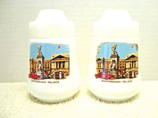 Souvenir,  White Milk Glass Buckingham Palace Salt & Pepper Shaker Set.