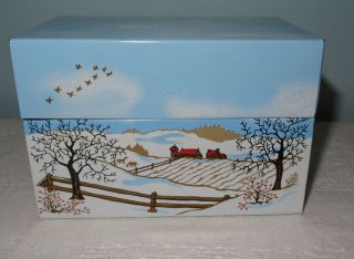 Vintage Syndicate Mfg.  Winter Scene Tin Litho Recipe Box For 3x5 Cards